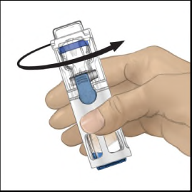 Dispositivo autoiniettante tenuto in mano con freccia curva che indica il movimento di rotazione