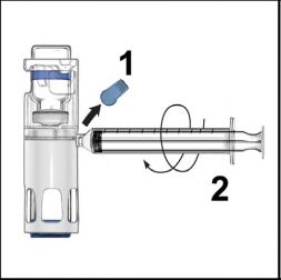 Siringa pre-riempita con ago collegato e tappo blu da rimuovere indicato da freccia e numero 1, rotazione della siringa indicata con freccia 2