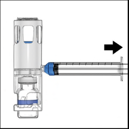 Siringa pre-riempita collegata a un flaconcino con ago trasparente e freccia nera che indica la direzione di iniezione