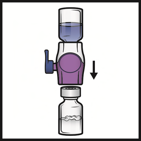 Fiala trasparente sopra un adattatore viola con una freccia nera e una fiala inferiore trasparente