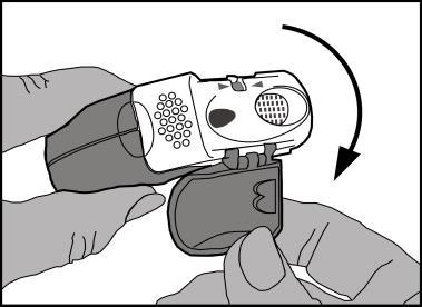 Dispositivo autoiniettante tenuto da una mano, con cartuccia inserita e meccanismo di rotazione indicato da una freccia nera