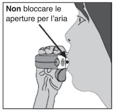 Profilo di una persona che utilizza un inalatore nasale con la mano che sostiene il dispositivo e la bocca aperta