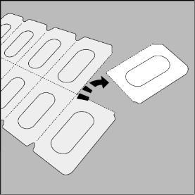 Striscia di blister bianca con scomparti ovali e un blister singolo separato indicato da una freccia nera