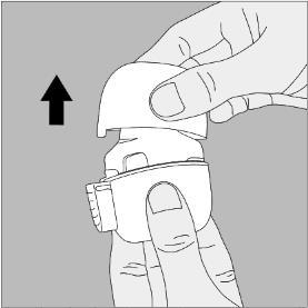 Dispositivo autoiniettante bianco tenuto da due dita con freccia nera che indica la pressione verso il basso