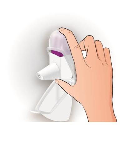 Mano che tiene un dispositivo inalatorio bianco e viola con l