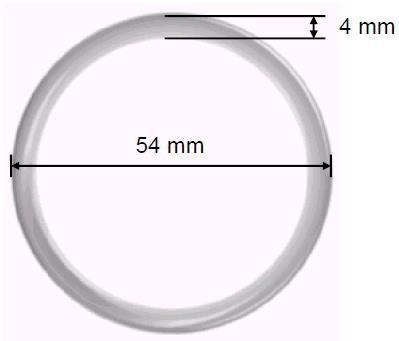 Cerchio grigio con diametro di 54 mm e spessore di 4 mm indicato da frecce e valori numerici