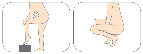 Posizioni del corpo mostrate schematicamente con gambe piegate e un piede appoggiato su un piccolo rialzo nero