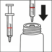 Siringa con farmaco che viene iniettato in un flaconcino attraverso un tappo di gomma freccia nera indica la direzione