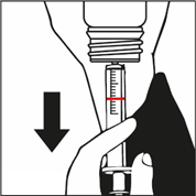 Mano che tiene una siringa preriempita con farmaco, stantuffo rosso e freccia nera che indica la direzione di iniezione