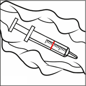 Siringa con ago inserito nella pelle, illustrazione schematica con linea rossa che indica il livello del farmaco nel cilindro