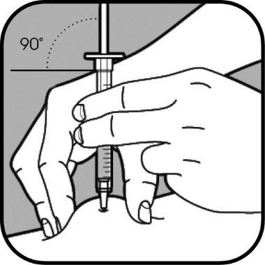 Mano che tiene una siringa con ago inserito a 90 gradi nella pelle del braccio, con indicazione dell