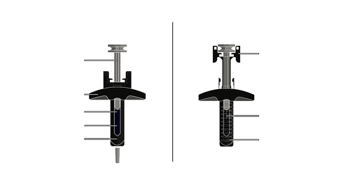 Siringa pre-riempita con stantuffo visibile e ago protetto da cappuccio, due viste laterali dettagliate