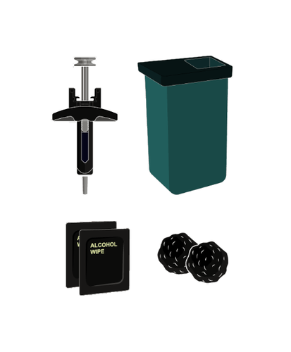 Siringa preriempita con ago protetto, contenitore per rifiuti appuntiti, salviette imbevute di alcol e batuffoli di cotone nero