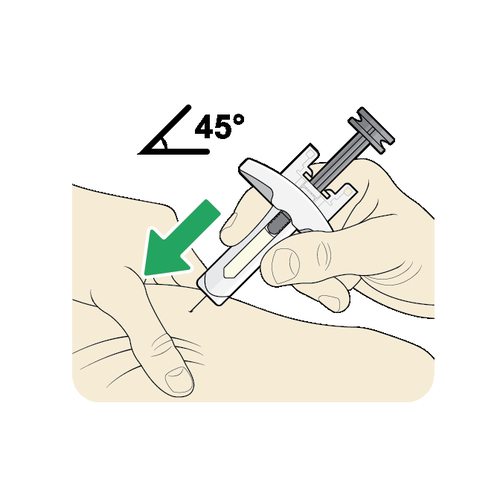 Siringa con ago inserito nella pelle a 45 gradi indicati da un angolo e una freccia verde