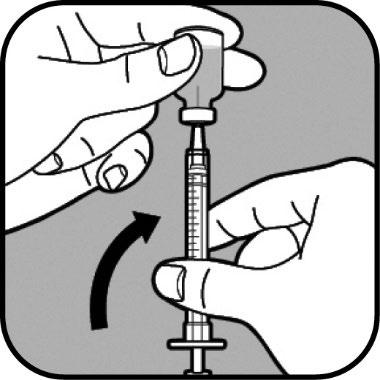 Mani che estraggono farmaco da un flaconcino con una siringa, freccia curva indica il movimento di aspirazione del liquido