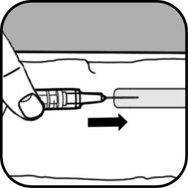 Mano che tiene una siringa preriempita con ago inserito sotto la pelle e freccia che indica la direzione dell
