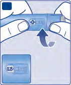 Dispositivo autoiniettante blu tenuto da due dita con indicazione 0 mg e freccia verso l