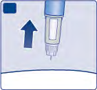 Siringa preriempita trasparente con stantuffo blu e freccia blu rivolta verso l