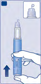 Penna per iniezione blu tenuta in mano con freccia direzionale verso l