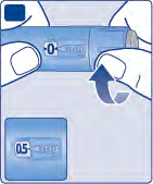 Penna iniettabile con indicatore di dose a 0 mg e freccia che indica l