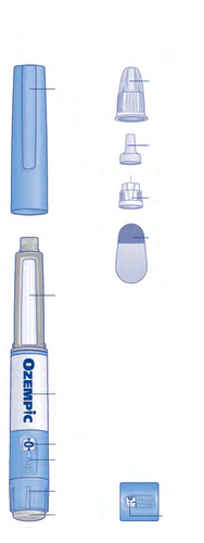 Penna per iniezione Ozempic smontata con ago, tappo, e componenti interni evidenziati da linee
