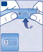 Penna iniettabile blu con indicatore di dose "0" e freccia rivolta verso il basso verso l