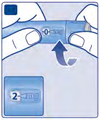 Penna iniettabile con dosaggio impostato a 0 mg e freccia che indica la rotazione del selettore verso l