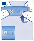 Penna per iniezione con indicatore a zero e freccia che indica la rotazione per impostare la dose desiderata