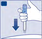 Mano che tiene un dispositivo per iniezione con ago rivolto verso il basso su pelle chiara freccia blu indica la direzione