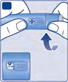 Mani che tengono il dispositivo iniettore con indicazione 0mg e freccia che indica la direzione di attivazione