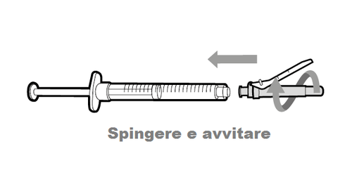 Siringa con ago collegato e freccia grigia che indica movimento di spinta e rotazione per l
