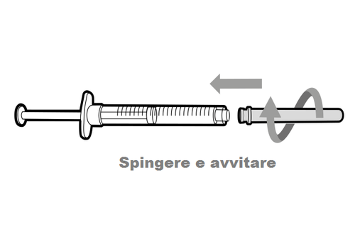 Siringa preriempita con stantuffo e ago, freccia che indica il movimento di spinta e rotazione per l