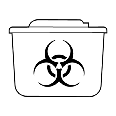 Contenitore per rifiuti speciali con simbolo di rischio biologico nero su sfondo bianco
