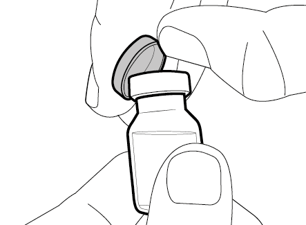 Mano che tiene un flaconcino medicinale con tappo grigio parzialmente rimosso per l