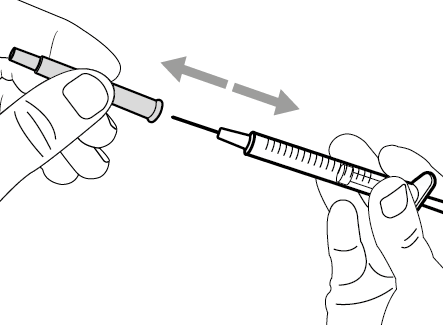 Mano che tiene una siringa prerafillata con ago, freccia che indica la direzione di inserimento e seconda mano che stabilizza il punto di iniezione