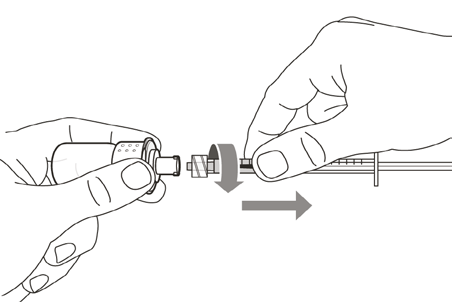 Mani che assemblano un dispositivo medico con cilindro e ago, freccia che indica la direzione di connessione
