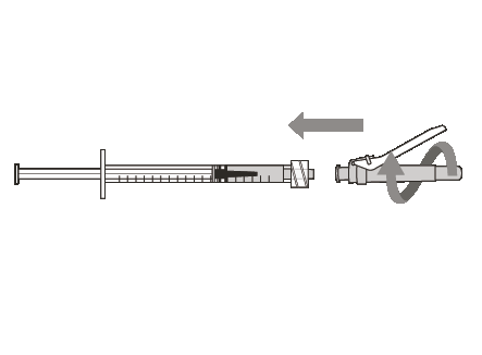 Siringa pre-riempita con ago protetto da cappuccio, freccia che indica rotazione per attivazione