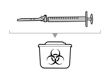 Siringa con ago rivolto verso un contenitore per rifiuti speciali con simbolo di rischio biologico