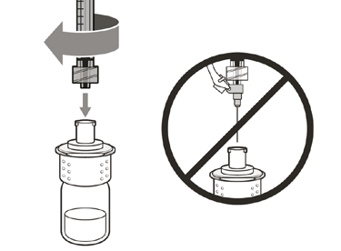 Fiala con liquido e tappo, freccia che indica rotazione e inserimento, simbolo di divieto con ago che punge la fiala