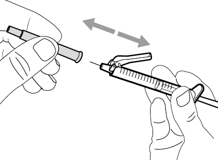 Mano che tiene una siringa preriempita con ago inserito, freccia che indica la direzione di iniezione e scala graduata visibile