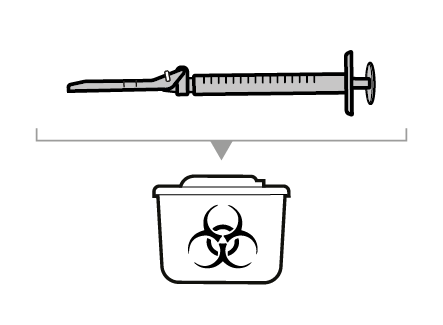 Siringa con ago rivolto verso un contenitore per rifiuti biologici con simbolo di biohazard nero su sfondo bianco