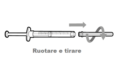 Siringa con ago trasparente e stantuffo graduato, freccia che indica rotazione e trazione dell