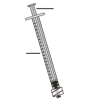 Siringa graduata trasparente con ago collegato in posizione diagonale e indicazioni di unit&agrave; di misura