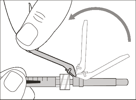 Siringa con ago che penetra in un dispositivo di connessione a luer-lock su un flaconcino, freccia curva indica la rotazione