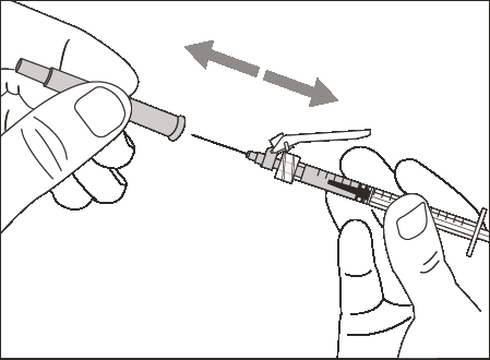 Mano che tiene una siringa preriempita con ago inserito nella pelle, freccia che indica la direzione di iniezione e altra mano che sostiene