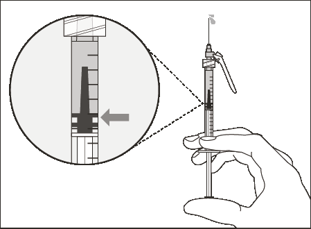 Mano che tiene una siringa preriempita con ago inserito, dettaglio ingrandito del pistone che mostra la quantit&agrave; di farmaco iniettata e freccia direzionale