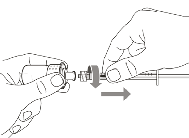 Mani che assemblano un dispositivo medico con cilindro e ago, freccia che indica la direzione di inserimento
