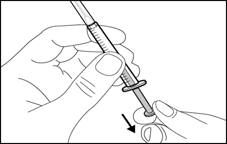 Mano che tiene una siringa con ago inserito nella pelle, anello di tenuta visibile e freccia nera che indica la direzione di iniezione
