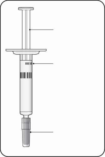 Siringa preriempita trasparente con farmaco visibile, stantuffo e ago protetto da cappuccio di sicurezza grigio