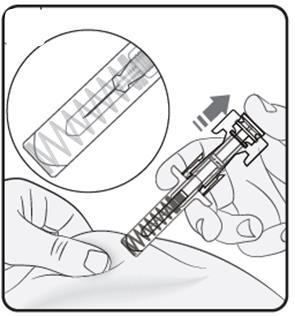 Penna precompilata con ago protetto e ingrandimento che mostra il meccanismo di rilascio dell